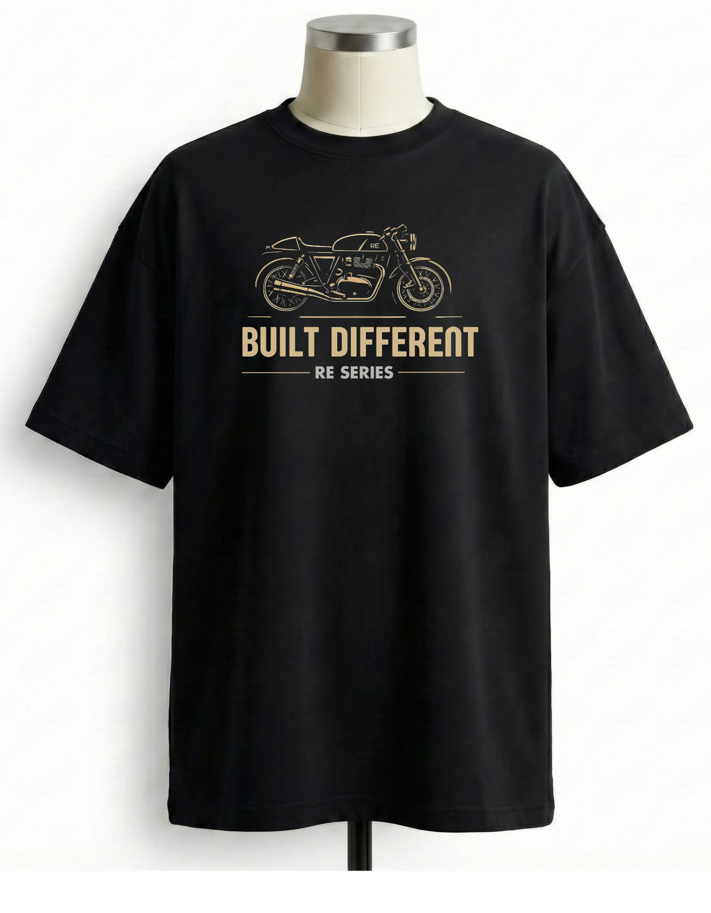 BUILT DIFFERENT RE SERIES black t-shirt featuring detailed café racer 
motorcycle with technical line work in gold and bold typography - front design view
