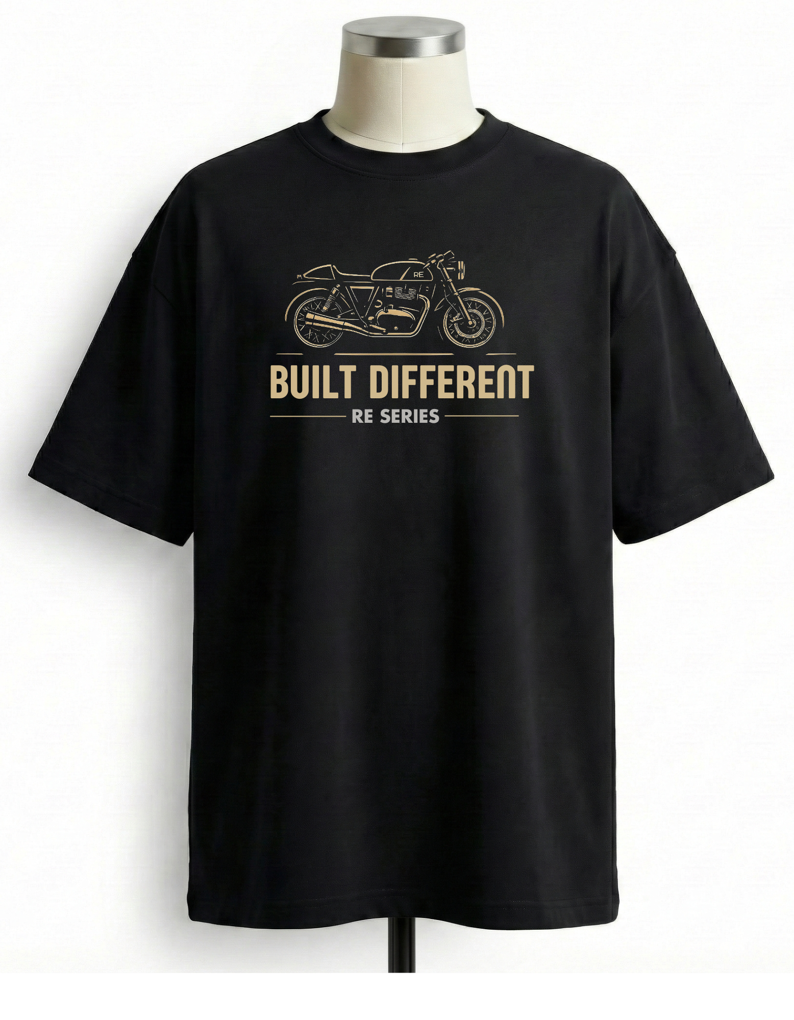 BUILT DIFFERENT RE SERIES black t-shirt featuring detailed café racer 
motorcycle with technical line work in gold and bold typography - front design view
