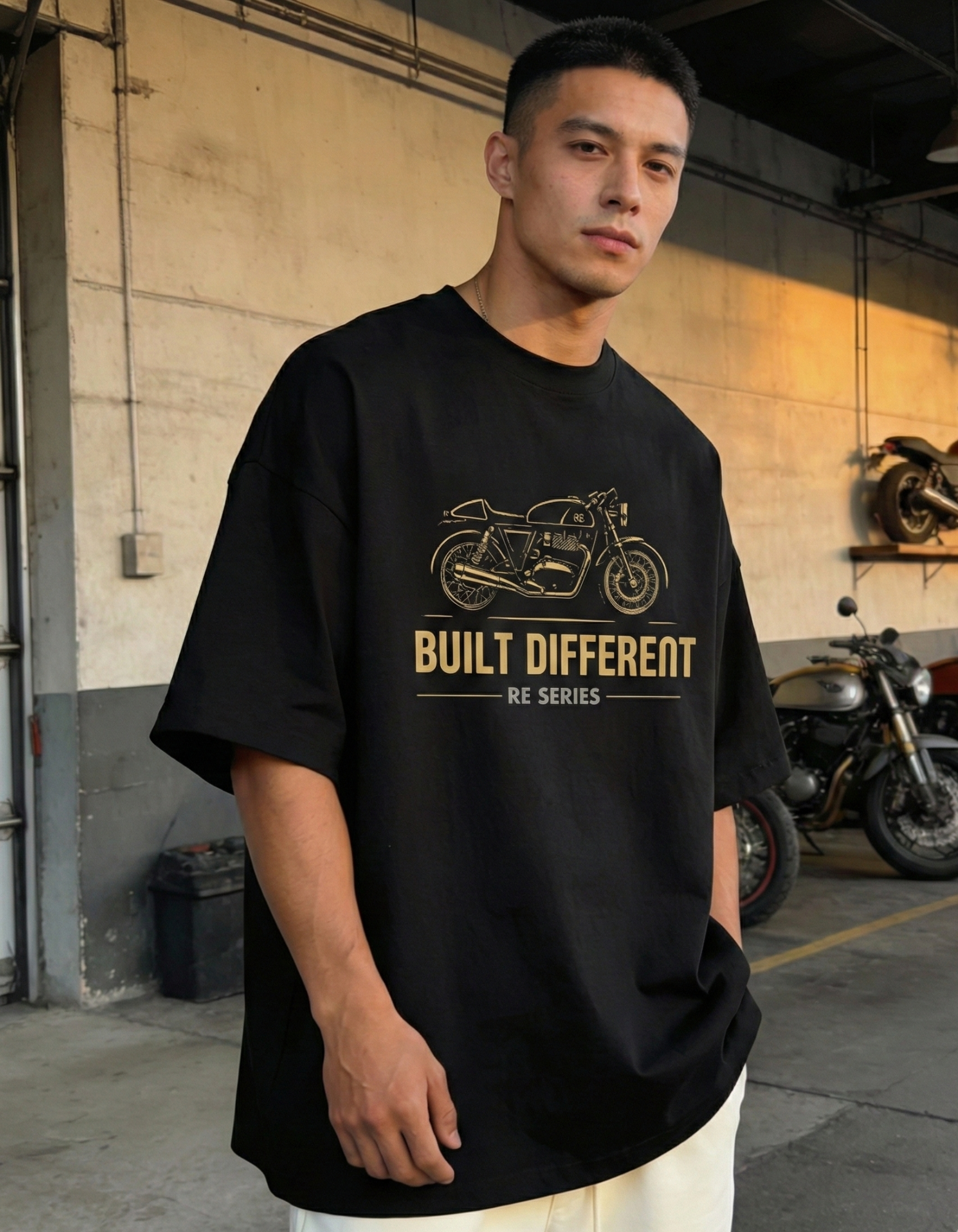 Male model wearing BUILT DIFFERENT oversized black t-shirt with café racer 
motorcycle design showing fit and design detail in urban setting
