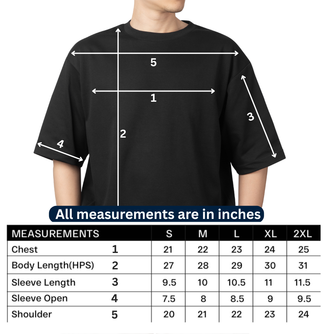 Size guide: Full-body model wearing BUILT DIFFERENT oversized t-shirt with 
café racer design showing fit, drop-shoulder design, and proportions
